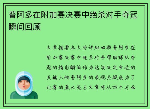 普阿多在附加赛决赛中绝杀对手夺冠瞬间回顾