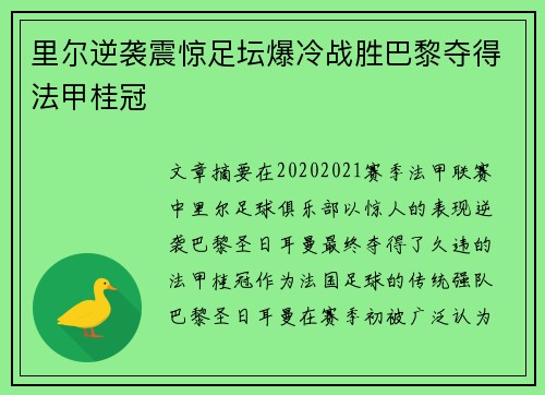 里尔逆袭震惊足坛爆冷战胜巴黎夺得法甲桂冠